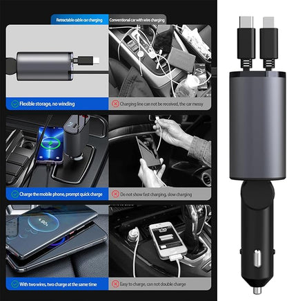 Retractable Car Charger，4 in1 Fast Car Phone Charger with Dual Retractable Cables and 2 Charging Ports (Type C+Lightning Retractable Cords)