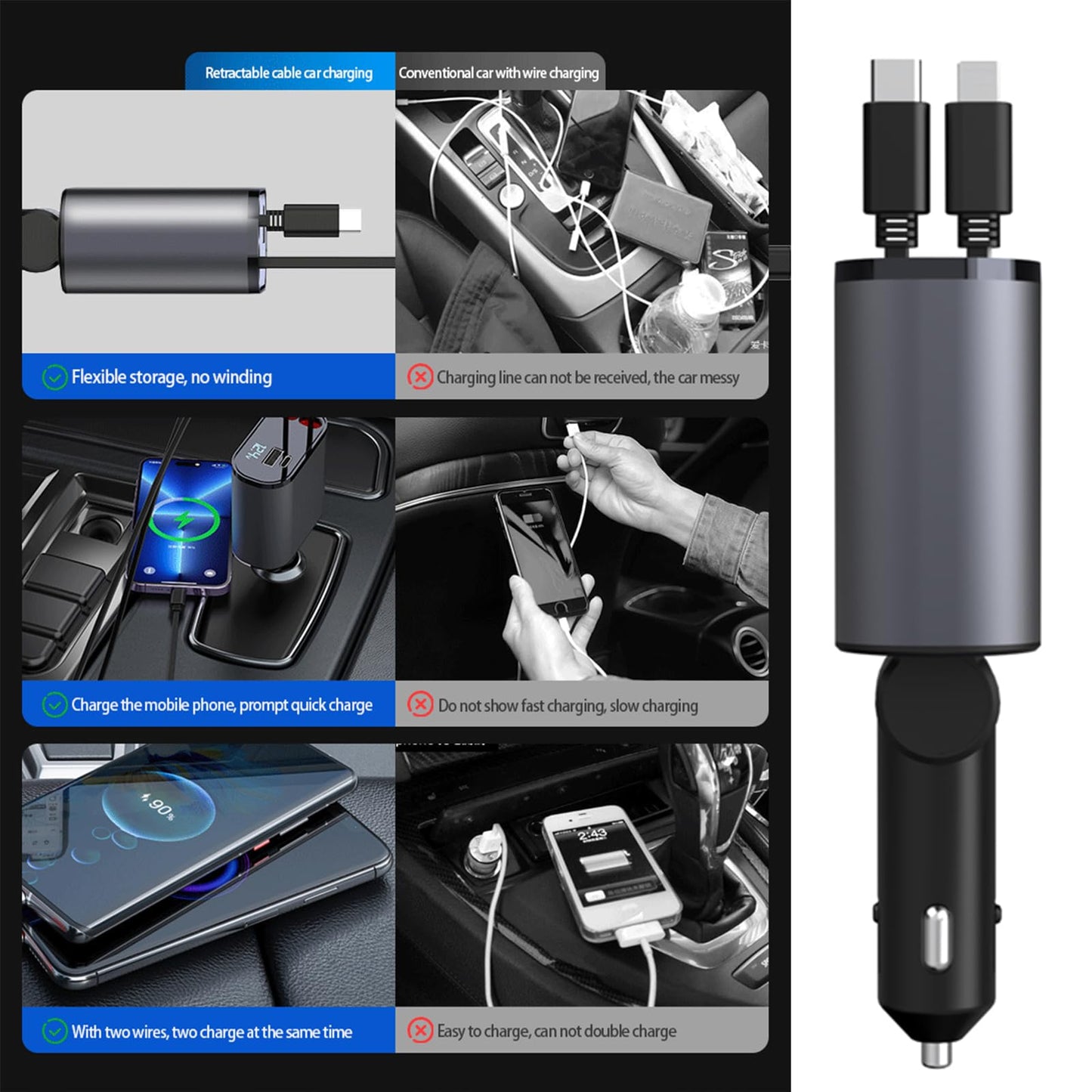 Retractable Car Charger，4 in1 Fast Car Phone Charger with Dual Retractable Cables and 2 Charging Ports (Type C+Lightning Retractable Cords)