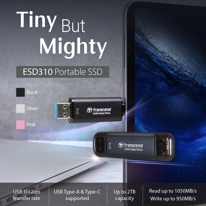 Transcend ESD310 512GB External SSD, Up to 1,050MB/s, Dual USB Flash Drive for iPhone/iPad/Mac/Windows/Android/Tablet/PC, USB3.2Gen2 Thumb Drive Photo Stick, 2-in-1 Type C &Type A Memory Stick-Silver