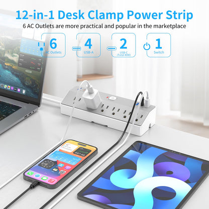 Desk Clamp Power Strip with 40W Fast Charging USB-C, JXGUCAT 10Ft Desk Mount Surge Protector with 6 Outlets 6 USB Ports, Flat Plug Extension Cord Home Office Essentials, Fit 2.48" Tabletop Edge