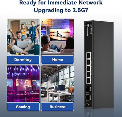 7 Port 2.5Gb Unmanaged Ethernet Switch with 5* 2.5G Base-T Ports, 2*10G SFP Ports, AUMOX PRO 65 Gbps Vlan Switching Capacity Compatible with 100/1000/2500Mbps Plug and Play