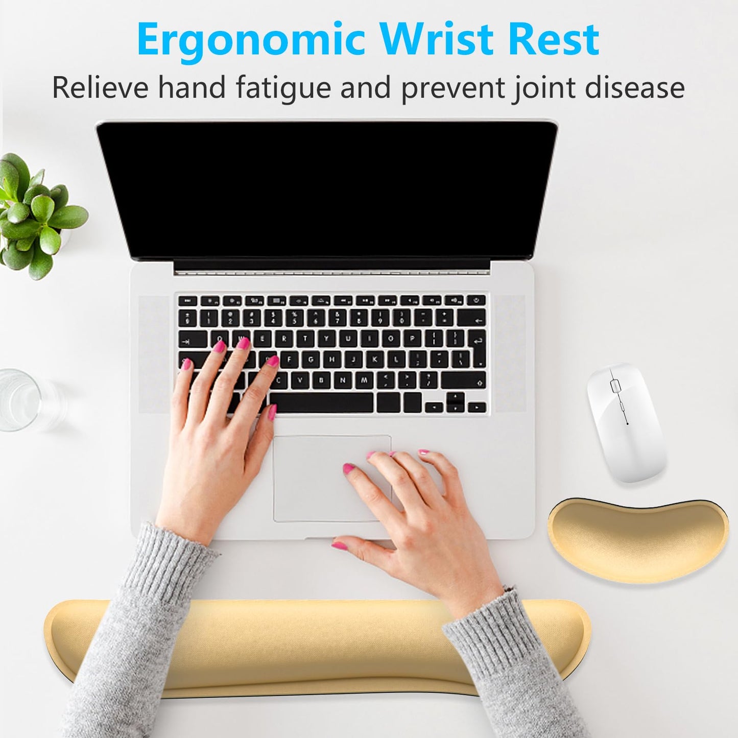 Dapesuom Enlarge Keyboard Wrist Rest, Memory Foam Wrist Cushion for Desk Mats Support, Cute Typing Pain Relief Keyboard Mouse Pad Rests Set with Non-Slip Base for Gaming Laptop Office, Navajo White