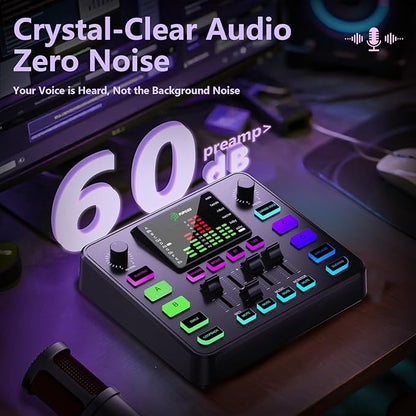 Pupgsis Gaming Audio Mixer, Audio Interface, Sound Board With Pro-Preamp, Noise Cancellation, RGB, Bluetooth, Volume Fader For Streaming/Podcasting/Gaming Maonocaster/Content Create, 6.35mm
