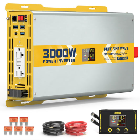 XWJNE 3000W Pure Sine Wave Power Inverter 12V DC to 120V GFCI AC Converter with LCD Display and Remote for Home, RV, Truck, Off-Grid Solar Power
