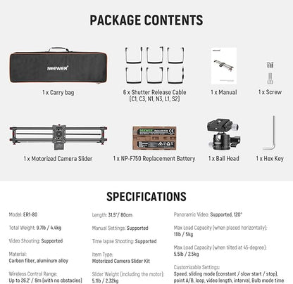 NEEWER 31.5"/80cm Motorized Camera Slider, App Wireless Control DSLR Carbon Fiber Dolly Rail Slider with 4400mAh F750 Battery (Charger Not Included), Support Video Mode, Time Lapse Photography, ER1-80