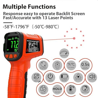 50:1 Infrared Thermometer Temperature Gun, -58°F to 1796°F Digital Laser Temp Gun for Cooking, Pizza Oven, BBQ, Fridge IR Handheld Gun for HVAC, Engine, and Industrial Use