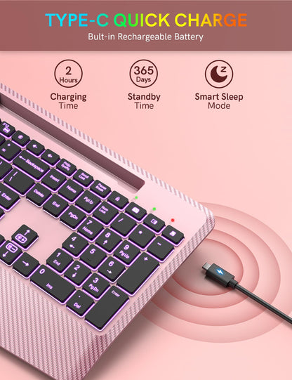 Wireless Keyboard, 7 Colored Backlits, Wrist Rest, Phone Holder-Rose gold
