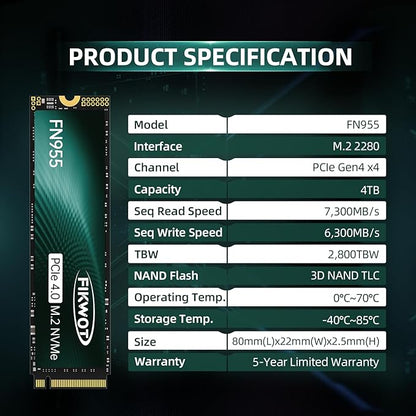 FN955 4TB NVMe SSD M.2 2280 PCIe Gen4x4, Up to 7300MB/s, 3D NAND TLC Flash Internal Solid State Drive, Configure SLC Cache, Storage and Memory Expansion for PS5 Laptop Desktop