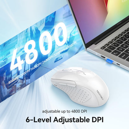 TECKNET Rechargeable Jiggler Wireless Mouse, Dual-Mode Connectivity, White