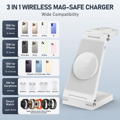 Magnetic Wireless Charger Stand, 3 in 1 Foldable Wireless Charging Station with 20W Adapter, Travel Charger for Multiple Devices for iPhone 16 15 14 13 12 Pro/Max/Plus/Mini, iWatch, AirPods