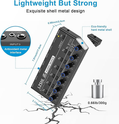 LZSIG Mini Audio Mixer,Stereo Line Mixer for Sub-Mixing,Ultra Low-Noise,6-Channel,Microphone Independent Control, 1/4" & 1/8" TRS Output and Input, for Guitars,Bass,Keyboards