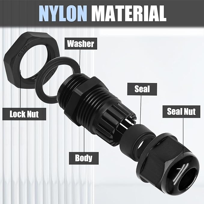 12 Pcs 3/4" NPT Nylon Cable Glands, Black Strain Relief Cable Cord Connector IP68 Waterproof Junction Box Wire Protectors Adjustable for 13-18mm Cable Diameter