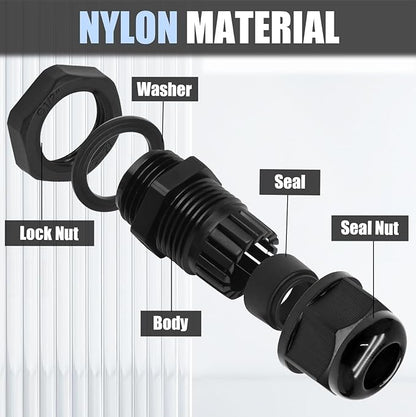 12 Pcs 3/4" NPT Nylon Cable Glands, Black Strain Relief Cable Cord Connector IP68 Waterproof Junction Box Wire Protectors Adjustable for 13-18mm Cable Diameter