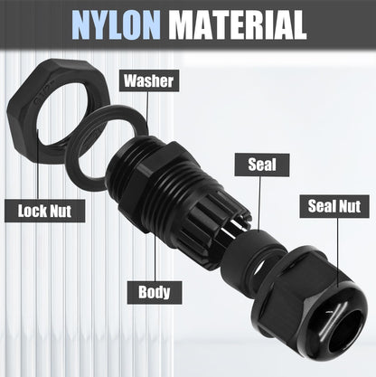 Kyuionty 12 Pcs 1/2" NPT Nylon Cable Glands, Black Strain Relief Cable Cord Connector IP68 Waterproof Junction Box Wire Protectors Adjustable for 6-12mm Cable Diameter
