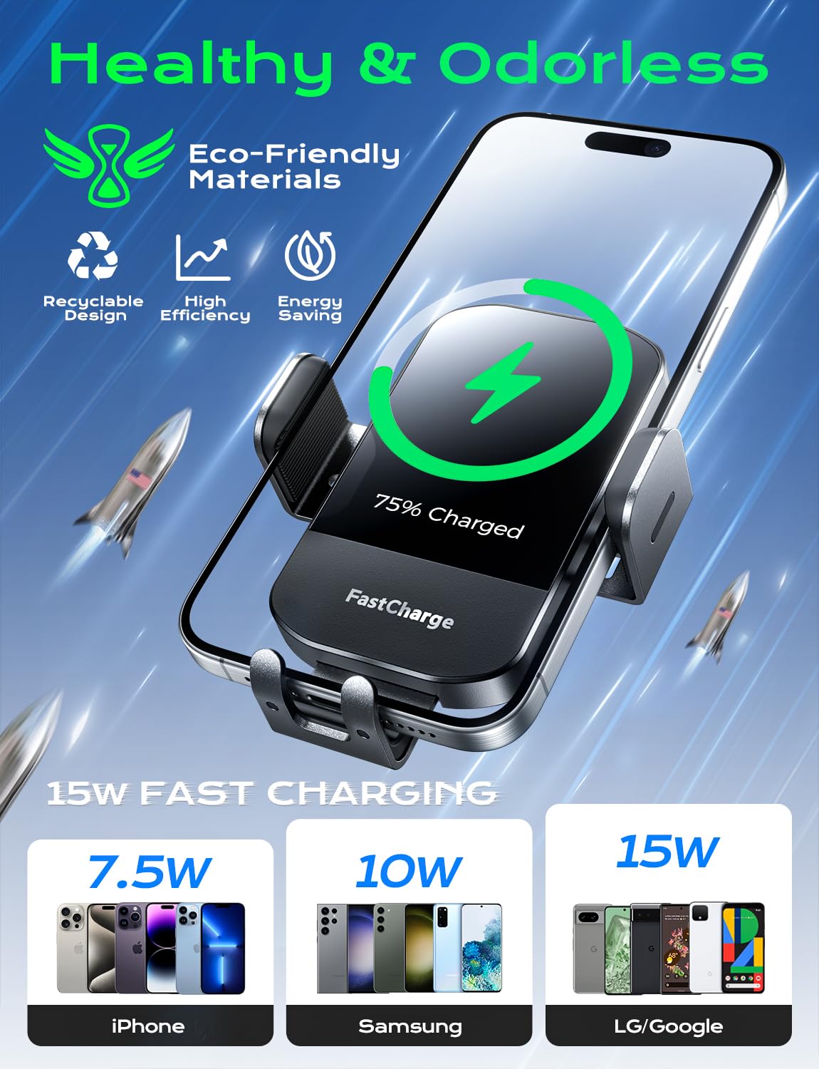 CHGeek Wireless Car Charger, 15W Fast Charging Auto Clamping Phone Holders for Your Car Phone Mount fit for iPhone 17 16 15 14 13 12 Pro Max 11 XR XS, for Samsung Galaxy S25 Ultra S24 S23, Black