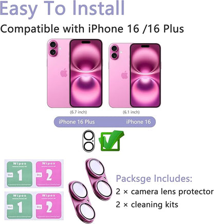 2 Pack Camera Lens Protector for iPhone 16 / iPhone 16 Plus,[Not Easy to Breakn ] AR Tempered Glass Strong Adsorption Metal Camera Cover Screen-Rose red