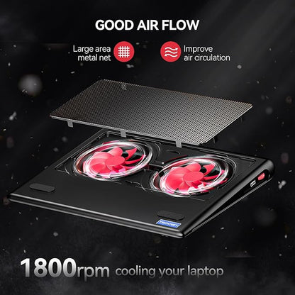 TECKNET Laptop Cooling Pad, 12"-15.6" Laptop Cooler, Gaming Laptop Cooling Stand, Wind Speed Adjustable, 2 USB Powered Laptop Fan Cooling Pad for Laptop Within 16 Inch (Red)