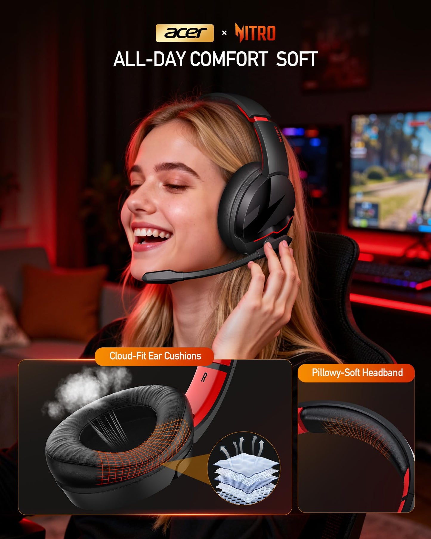 acer Wireless Gaming Headset, PS5 Headset with 2.4GHz for Ps5, Ps4, PC, Switch, Bluetooth 5.3 + 100Hrs Gaming Headphones with Noise Canceling Mic for Laptop, Mobile, Mac, 50mm Drivers (Red)