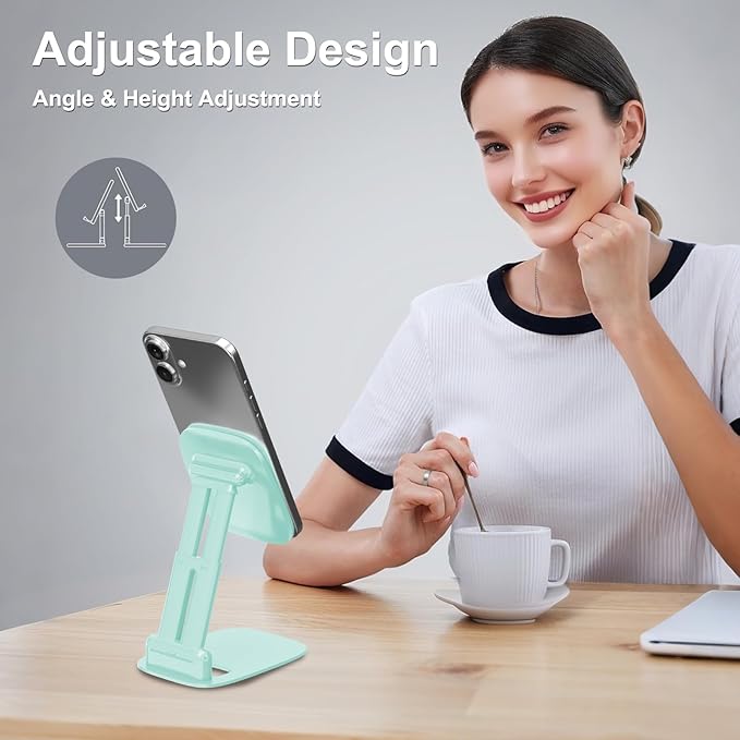 DEERLAMN Cell Phone Stand for Desk,Height Adjustable Cell Phone Holder Portable Desktop Stand, Travel Home Office Desk Accessories Compatible with iPhone 16/15/14/13/12/11 All Smartphone - Light Green