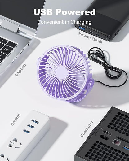 USB Desk Fan, 5 Inch Mini Portable, 3 Speeds Strong Airflow Personal Desktop, Detachable Cooling Fan 360° Rotation Quiet Small Fan for Desk Home Office Travel Car, Purple, 5ft Cable