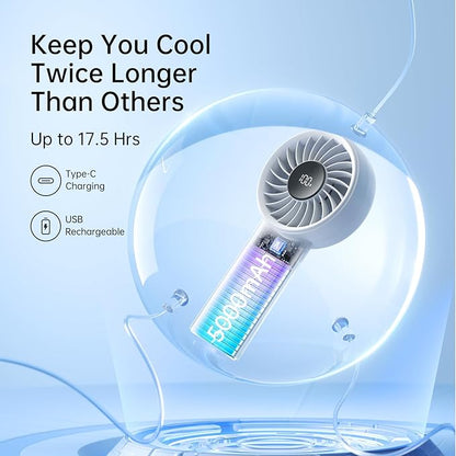 JISULIFE Handheld Portable Fan with Powerful Motor,LED Display,5000mAh Battery,5 Wind Speeds,Lanyard; Summer Essentials USB Rechargeable Hand held Fan for Travel,Beach,Makeup,Concerts-Gery