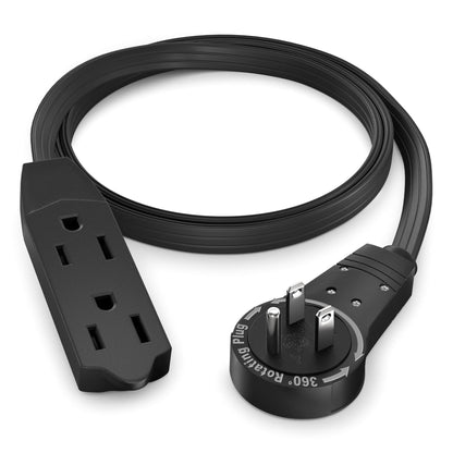 Maximm Cable 2 Ft 360° Rotating Flat Plug Extension Cord, 16/3 AWG Multi 3 Outlet 3-Prong Grounded Wire- Black - UL Certified