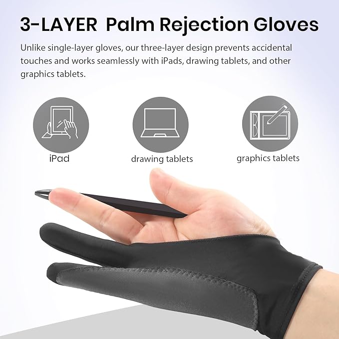 Digital Drawing Glove: 3-Layer Palm Rejection, Two-Finger Artist Glove for Drawing Tablet, iPad, Paper Sketching, Fits Left and Right Hand, Includes Cleaning Cloth(2 Pack,Black,Large)
