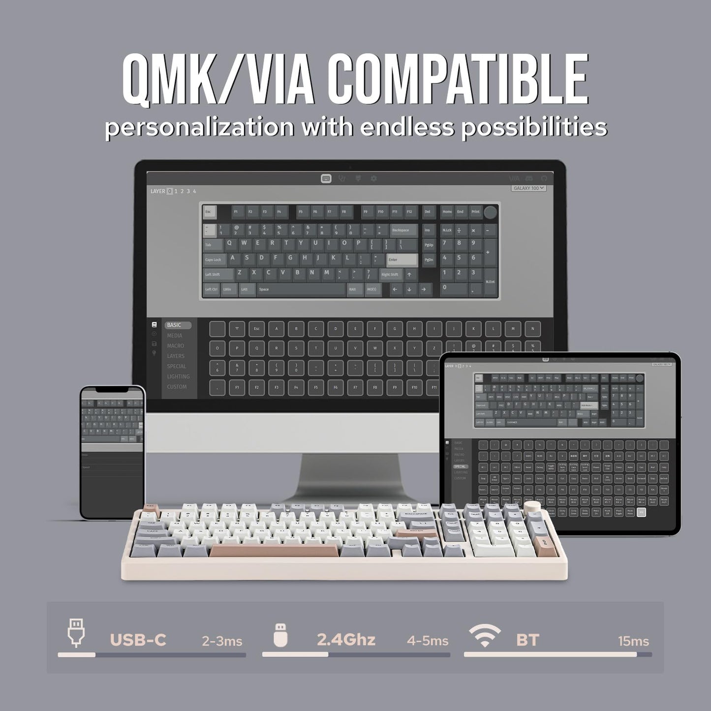EPOMAKER Galaxy100 QMK/VIA Wireless Gaming Keyboard, Aluminum Shell, BT/2.4Ghz/USB-C, Pre-Lubed Hot-Swappable Linear Switches, NKRO, RGB Backlit (Creamy White, Marble White Switch)