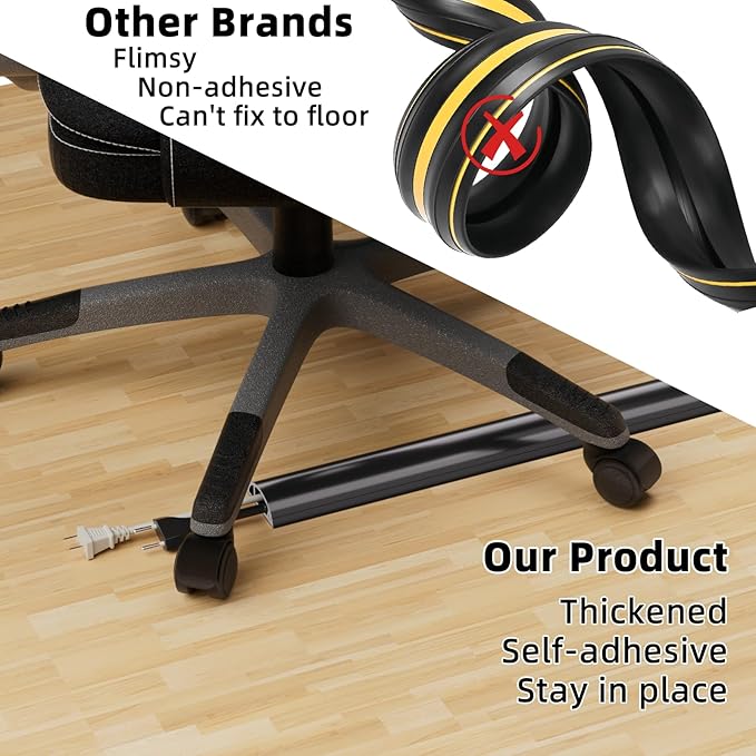 6ft Floor Cord Cover, Silicone Wire Hider, Hide Extension Cords, Protect Cords, Prevent Cable Trips, Heavy-Duty Adhesive-Backed Anti-Trip Cable Protector for Floor, Desk & Wall