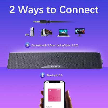 Computer Speakers, HiFi Sound Quality Computer Sound Bar, USB Powered PC Speakers, Bluetooth 5.0 and 3.5mm Aux-in Computer Speakers for Desktop, Laptops, PCs, Phones, Tablets, Xbox, Gaming Speakers