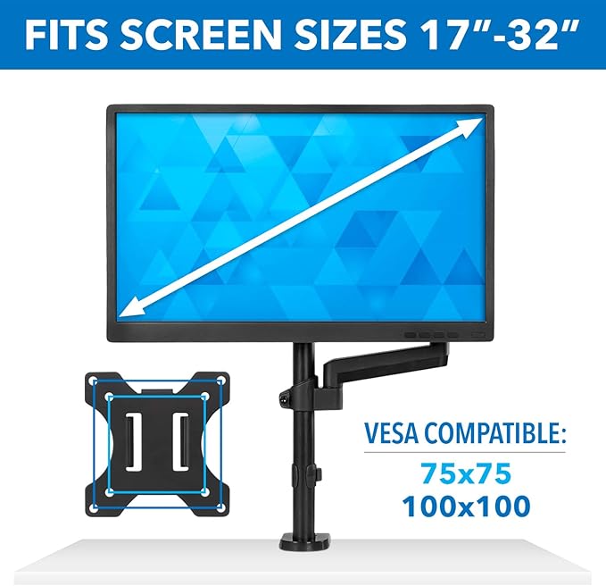 Mount-It! Single Monitor Arm Mount | Desk Stand | Full Motion Height Adjustable Articulating Gas Spring Arm | Fits 19 21 24 27 29 30 32 Inch VESA Compatible Computer Screen | C-Clamp and Grommet Base