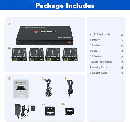 J-Tech Digital HDMI 2.0 4K 1x4 Splitter Extender Over Single Cable CAT6 with PoC Up to 196 FT 1-in 4-Out w/Local Loop Output & Low Latency [JTECH-14EX50]