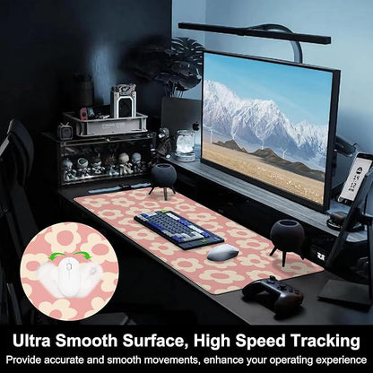 Mouse Pad, Large Pink Groovy Flowers Desk Mat, Extended Non-Slip Gaming Keyboard Mousepad Desk Pad, Thick Stitched Edges Waterproof Mouse Mat 31.5"x15.7" (Vintage Floral)