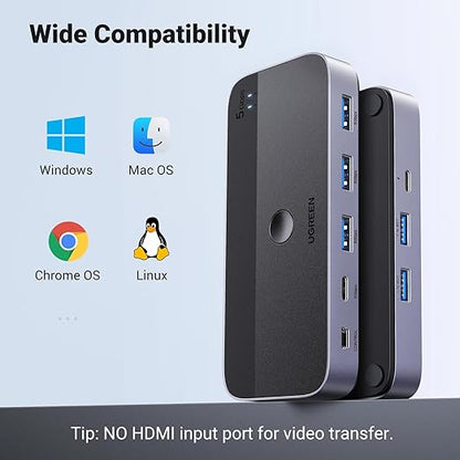 UGREEN USB 3.0 Switch 2 Computers Sharing USB C & A Devices, 4 Port USB Switcher Sharing Keyboard and Mouse, Printer/Scanner USB Switch Hub for Two Computers with 2 USB3.0 Cables and Controller