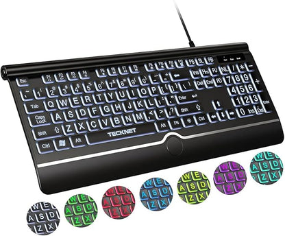 TECKNET Large Print Backlit Keyboard, Wired USB-A Computer Keyboard with Wrist Rest, 7-Color Backlit, Oversized Letter Keys Easy to See, Plug-and-Play, Silent, Foldable Stands for Windows/PC/Laptop