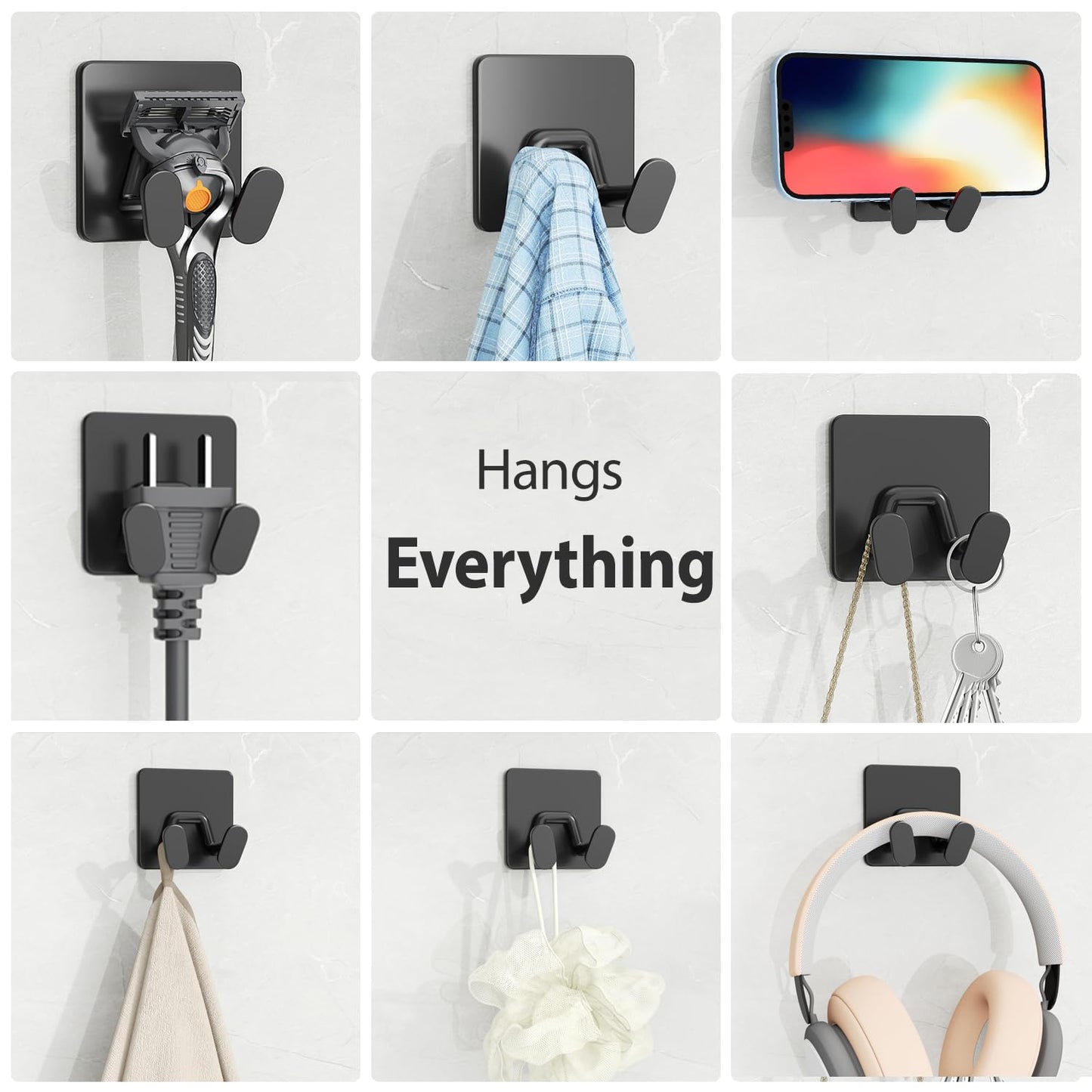Adhesive Shower Hooks for Inside - Extra Sticky Stainless, Razor Holder Shower Accessories, Wall Mounted Self-Adhesive Double Hooks for Razor, Loofah, Towel, Shaver, Coat, Key, Matt Black, 4-Pack