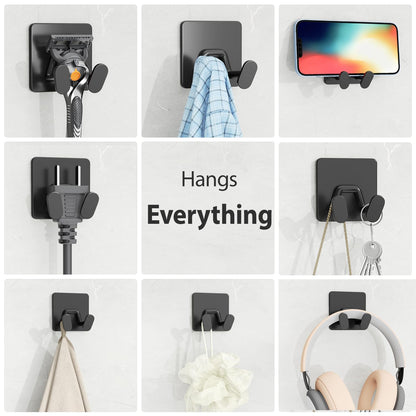 Adhesive Shower Hooks for Inside - Extra Sticky Stainless, Razor Holder Shower Accessories, Wall Mounted Self-Adhesive Double Hooks for Razor, Loofah, Towel, Shaver, Coat, Key, Matt Black, 4-Pack