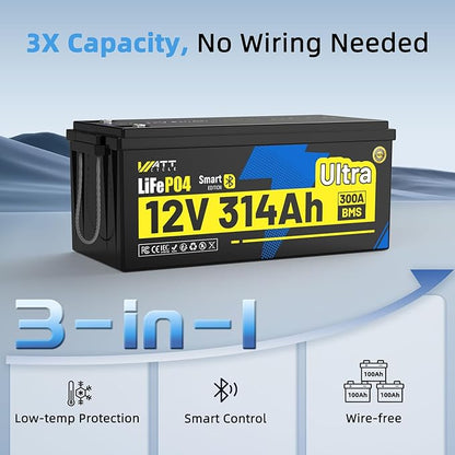12V 314Ah LiFePO4 Lithium Battery 300Ah BMS, Built-in Metal Frame & Bluetooth 5.0, Full Metal Case 4.01kWh Energy, 8000+ Deep Cycles Batterys Perfect for Energy, RV, Solar, Trolling Motor