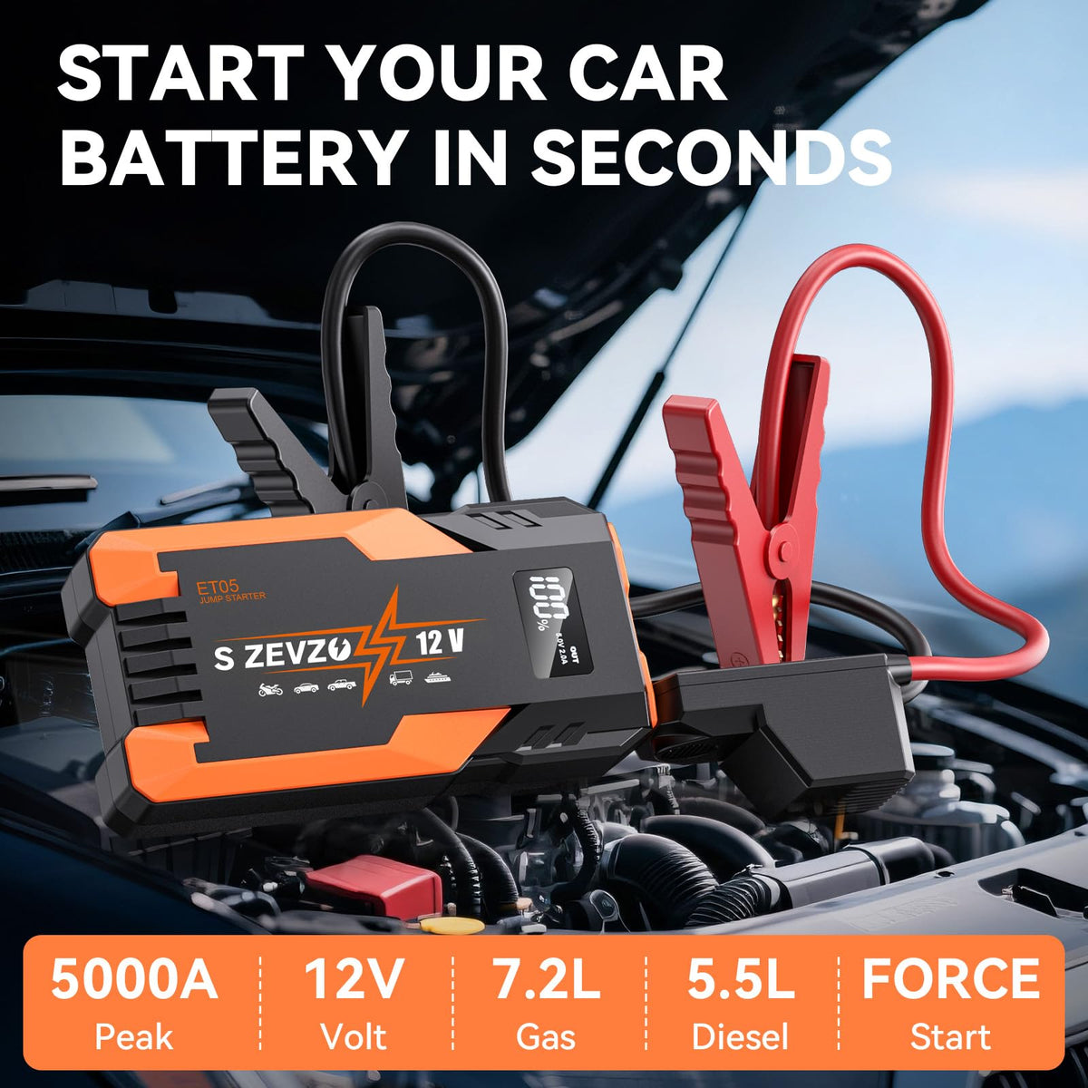 S ZEVZO ET05 Jump Starter 5000A Portable Car Jump Starter Battery Pack (7.2L Gas/ 5.5L Diesel), 51.8Wh 12V Jump Box with USB Ports, LCD Display and 3 Modes Flashlight