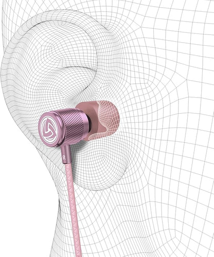 LUDOS Ultra Wired Earbuds in-Ear Headphones, 5 Years Warranty, Earphones with Microphone, Noise Isolating Ear Buds, Memory Foam for iPhone, Samsung, School Students, Kids, Women, Small Ears - Pink