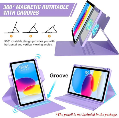 BLUTLOTUS for iPad 11th (A16) 10th Generation Case with Keyboard (2025/2022) - 360° Rotatable Magnetic Folio Cover, 7 Color Backlit Detachable Keyboard with Pencil Holder (Purple)