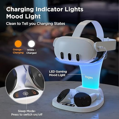 YOGES Charging Dock for Meta Quest 3S, Quest 3 Fast Charging Station with 2 Rechargeable Batteries kit, VR Heatset Charging Stand Dock for Oculus Quest 3/ Quest 3S Accessories, Support Elite Strap