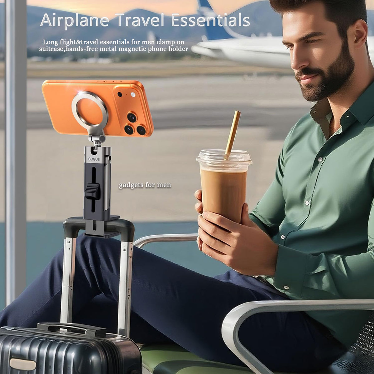 SOGUE Airplane Travel Essentials Men Phone Holder,Plane Phone Mount for MagSafe,Foldable Magnetic Phone Stand for Desk 360° Swivel Universal in Airplane Gadgets for iPhone 17