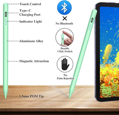 Active Stylus Pens for Touch Screens Magnetic Type-C Charging Tablet Pen with 4 POM Tips iPad Pencil Stylus Pen for iPad/Pro/Air/Mini/iPhone/Samsung/Android and Other Smartphone Device-Green