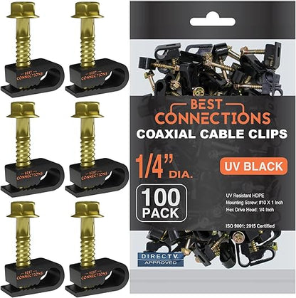 BEST CONNECTIONS Coaxial Cable Clips with Pre-Inserted Screw (2,000 Pack) – Black Single Cable Mounting Clamps for Coax Cable (RG6, RG59) and Ethernet Cable – Cord Fastener/Strain Relief Clip