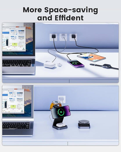 3-in-1 Wireless Charger for iPhone,15W Fast Wireless Charging Station Compatible with Mag-Safe Charger,Magnetic Foldable Travel Charger Stand Nightstand for iPhone 16/15/14/13/12,Apple Watch&AirPods