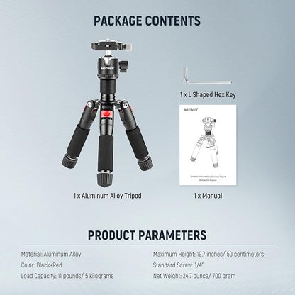 NEEWER Desktop Mini Tripod, 20'' Aluminum Alloy Small Table Top Desk Portable Travel Stand, 360° Ball Head, 1/4" QR Plate for DSLR Camera Camcorder Video Recording, Max Load 11 lbs, Cleaning Cloth