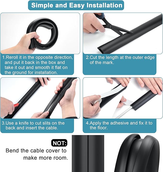 8.5ft Black Cord Protector, Soft Floor Wire Covers - Channel: 0.6"W x 0.32"H
