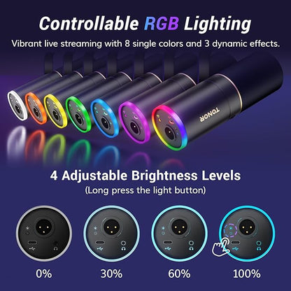 TONOR XLR/USB Gaming Mic, Dynamic Microphone for Podcast Recording Streaming with RGB Light, Mute Button, Headphones Jack, Monitoring, Desktop Stand, Metal Vocal Mic for PC Mac Android PS4/5 TD520S