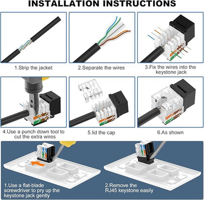 VCE UL Listed Cat6 RJ45 Keystone Jack Insert 25-Pack, 90 Degree Punch Down Keystone Jack Adapter Slim Profile Black